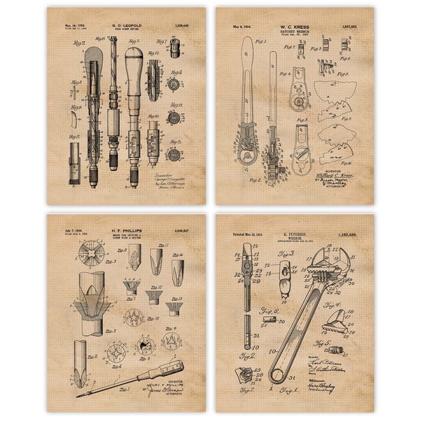 Vintage Builder Trade Tools Patent Prints, 4 Unframed Photos, Wall Art Decor for Home Office Man Cave Garage Mechanic Building Construction