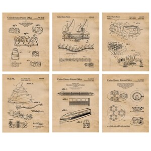 May include: A vintage-style poster featuring six black and white patent drawings of different inventions. The drawings are on a beige background with a grid pattern. The drawings include a roller coaster, a monorail, a car, a teacup ride, and a ride with a track that goes up and down.