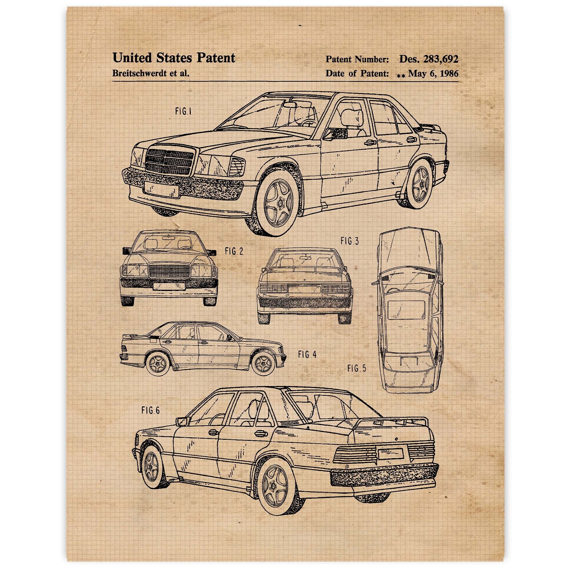 Classic Mercedes Benz 190 Patent Prints, 1 Unframed Photo, Wall