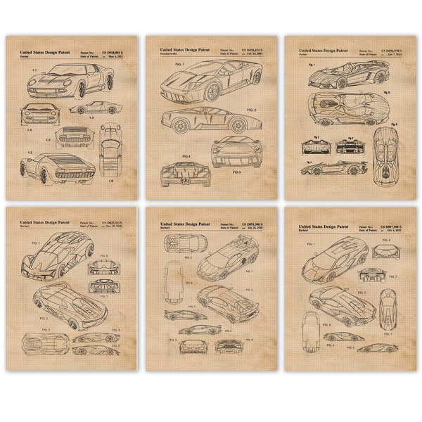 Vintage Auto Patent Prints, 6 Unframed Photos, Wall Art Decor Gifts for Home Office Lamborghini Garage Shop Car Engineer Student Race Team