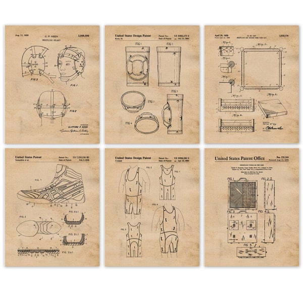 Vintage Wrestling Patent Prints, 6 Unframed Photos, Wall Art Decor Gifts for Home Office Man Cave School Student Wrestler Teacher Coach Fan