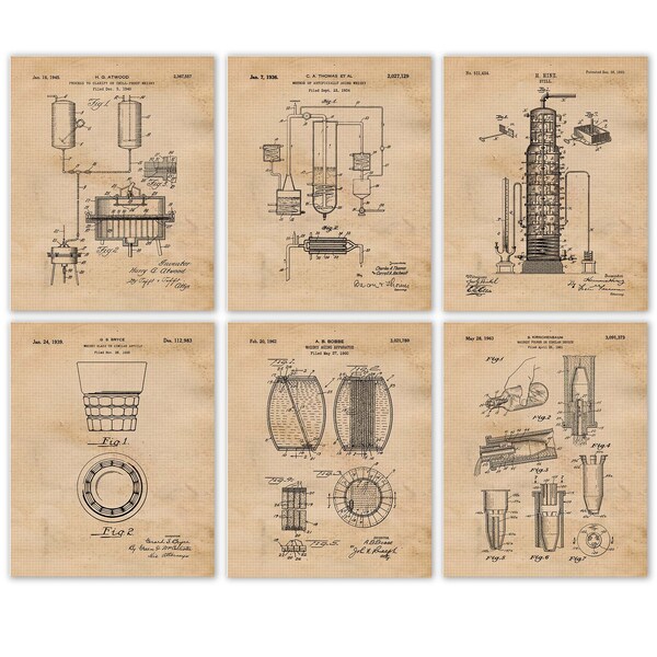 Vintage Whiskey Patent Prints, 6 Unframed Photos, Wall Art Decor Gifts for Home Office Man Cave Diner Restaurant Whisky Bourbon Liquor Fans