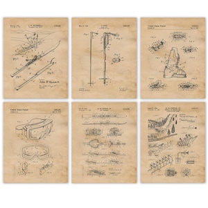 Vintage Ski Patent Prints, 6 Unframed Photos, Wall Art Decor Gifts for Home Office Mountain Cabin Student Instructor Crosscountry Downhill