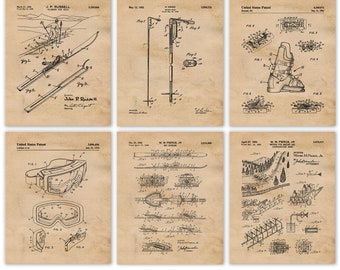Vintage Ski Patent Prints, 6 Unframed Photos, Wall Art Decor Gifts for Home Office Mountain Cabin Student Instructor Crosscountry Downhill