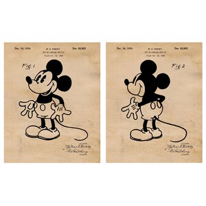 Classic Mickey Mouse Patent Prints, 2 Unframed Photos, Wall Art Decor Gift for Home Disney Office Work Studio School Student Teacher Coach