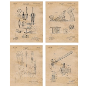 Vintage Woodworking Tools Patent Prints, 4 Unframed Photos, Wall Art Decor for Home Work Construction Office Garage Shop Carpenter Builder