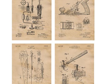 Vintage Woodworking Tools Patent Prints, 4 Unframed Photos, Wall Art Decor for Home Work Construction Office Garage Shop Carpenter Builder