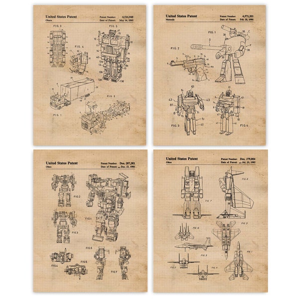Vintage Transformer Robots Toys Patent Prints, 4 Unframed Photos, Wall Art Decor Gifts for Home Office Garage Game Shop Comic-Con Movies Fan