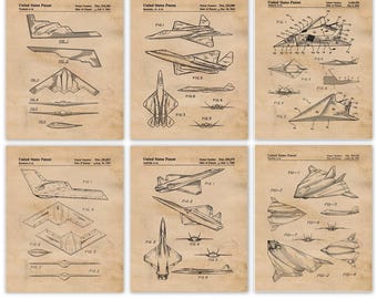 Classic Stealth Military Airplane Patent Prints, 6 Unframed Photos, Wall Art for Home Work Office Aviation Tech School Student Teacher Pilot