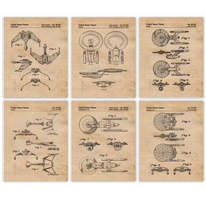 Vintage Starship Patent Prints, 6 Unframed Photos, Wall Art Decor Gifts for Home Office Man Cave Garage Student Comic-Con Trekkie Sci Fi Fan