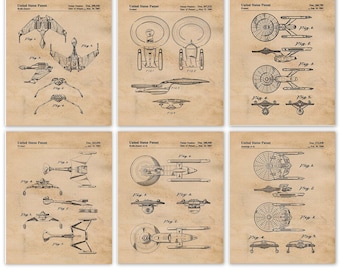 Vintage Starship Patent Prints, 6 Unframed Photos, Wall Art Decor Gifts for Home Office Man Cave Garage Student Comic-Con Trekkie Sci Fi Fan