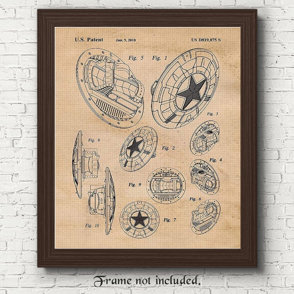 Vintage Captain America Shield Patent Prints, 1 Unframed Photos, Wall Art Decor Gifts for Home Office Man Cave Comic-Con Super Hero Movies