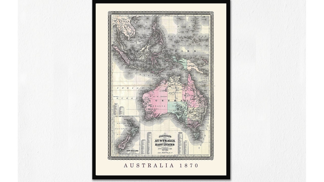 ヴィンテージ オーストラリア 1870年 レプリカ地図プリント、フレーム