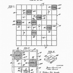 Vintage Scrabble Game Patent Prints, 1 Unframed Photo, Wall Art Decor for Home Office Man Cave Student Teacher Coach Family Night Gaming Fan White