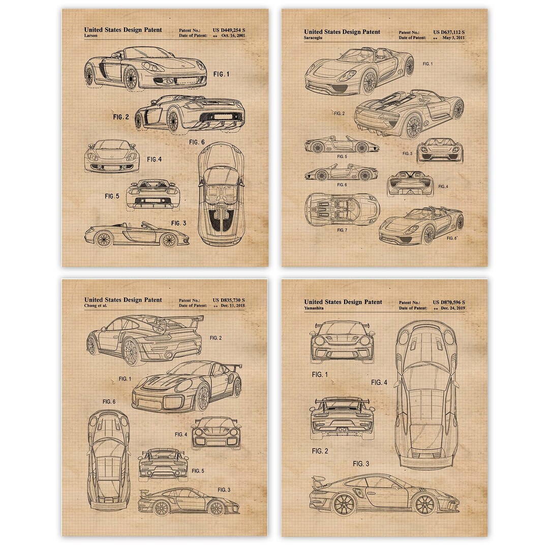Classic Automobile Supercar Patent Prints, 4 Unframed Photos, Wall Art ...
