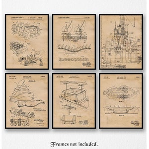Vintage Disney Park Rides #6 Patent Prints, 6 Unframed Photos, Wall Art Decor Gifts for Home Office Man Cave Garage Student Comic-Con Movies