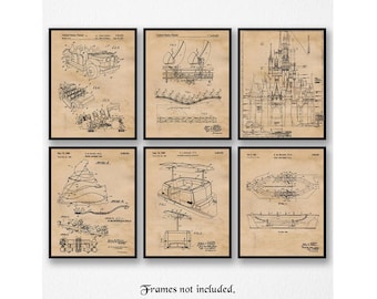 Classic Disney Park Rides #6 Patent Prints, 6 Unframed Photos, Wall Art Decor Gift for Home Office Workshop School Student Teacher ComicCon