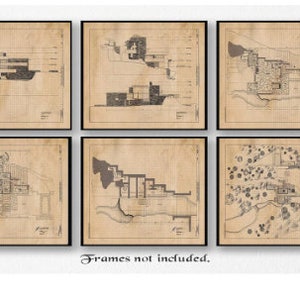 Vintage House Floor Plan Prints, 6 Unframed Photos, Wall Art Decor for Home Fallingwater Office Architect Students Frank Lloyd Wright Studio