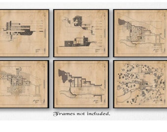 Vintage House Floor Plan Prints, 6 Unframed Photos, Wall Art Decor for Home Fallingwater Office Architect Students Frank Lloyd Wright Studio