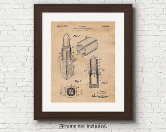 Vintage Lipstick Patent Prints, 1 Unframed Photos, Wall Art Decor Gifts for Home Office Beauty Studio Hair Salon Lounge Cosmetology Student