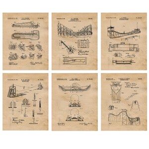 May include: Set of six vintage black and white illustrations of amusement park rides. The illustrations are on a beige background with a grid pattern. The illustrations include a roller coaster, a Ferris wheel, a carousel, a slide, a swing set, and a merry-go-round.
