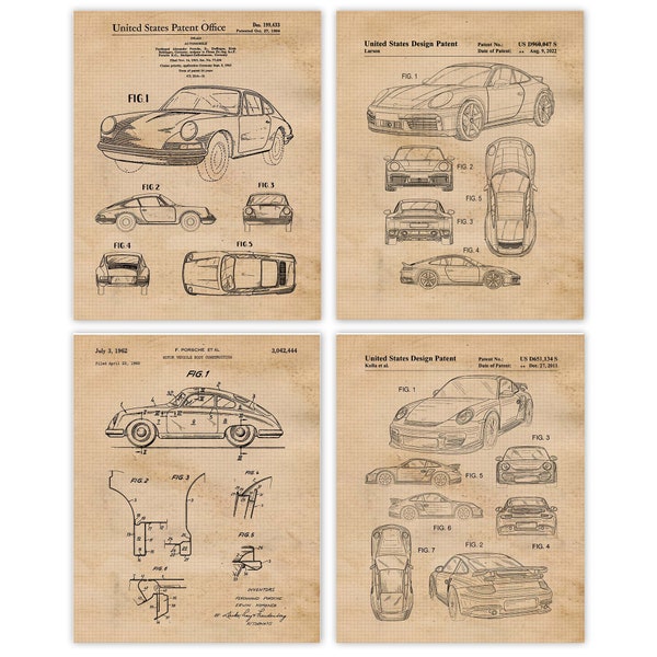 Vintage Auto 911 Patent Prints, 4 Unframed Photos, Wall Art Decor Gifts for Home Porsche Office Engine Garage Engineer Student Teacher Coach