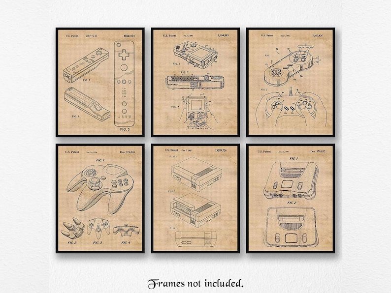 Vintage Video Games Patent Prints, 6 Unframed Photos, Wall Art Decor Gifts for Home Office Man Cave Student Nintendo Gamers Comic-Con Fans 