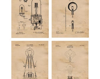 Vintage Thomas Edison E Lightbulb Patent Prints, 4 Unframed Photos, Wall Art Decor for Home Work Office School Student Teacher Electrician