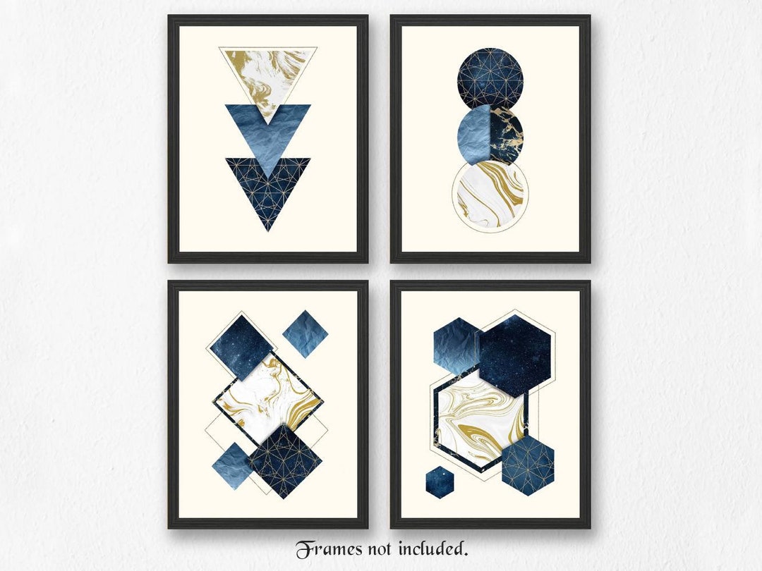 Simple Navy Gold Geometric Wall Art, 4 Abstract Print, Modern