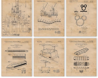 Vintage Theme Amusement Rides #4 Patent Prints, 6 Unframed Photos, Wall Art Decor Gifts for Home Walter Disney Office School Student Teacher