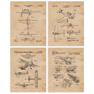 Vintage Piper Airplane Patent Prints, 4 Unframed Photos, Wall Art Decor Gifts for Home Office Sky Aviation NASA Garage Student Teacher Pilot