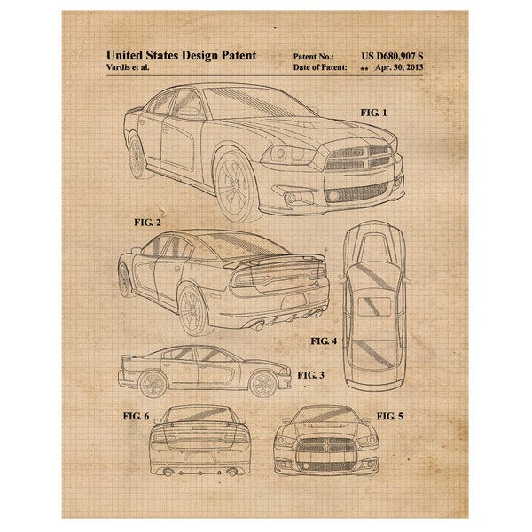 Vintage Charger Auto Patent Prints, 1 Unframed Photos, Wall Art Decor Gifts for Home Office Dodge Garage Mopar Engineer Student Hellcat Fan