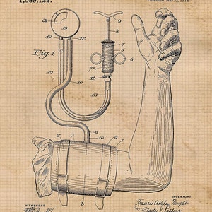 May include: A black and white line drawing of a patent for a blood pressure apparatus. The patent number 1,089,122 is printed at the top of the drawing. The drawing shows a device with a gauge, a pump, and a cuff that is placed on the arm. The patent was filed on September 20, 1910 and patented on March 3, 1914.