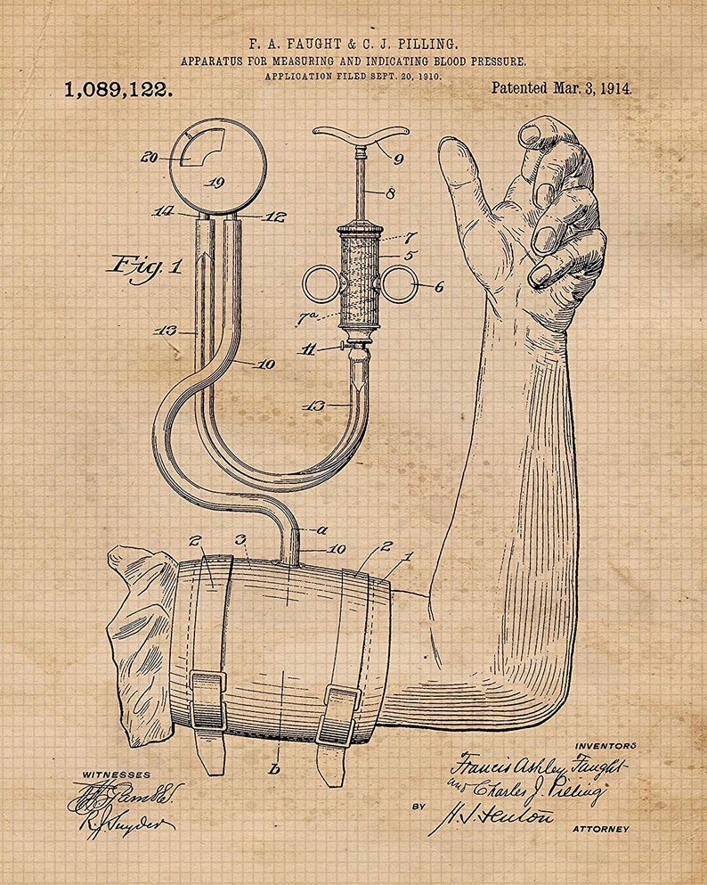 May include: A black and white line drawing of a patent for a blood pressure apparatus. The patent number 1,089,122 is printed at the top of the drawing. The drawing shows a device with a gauge, a pump, and a cuff that is placed on the arm. The patent was filed on September 20, 1910 and patented on March 3, 1914.