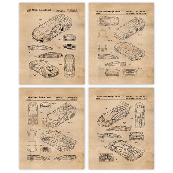 Aventador Auto Patent Prints, 4 Unframed Photos, Wall Art Decor Gifts for Home Office Man Cave College Student Lamborghini Team Car Racing