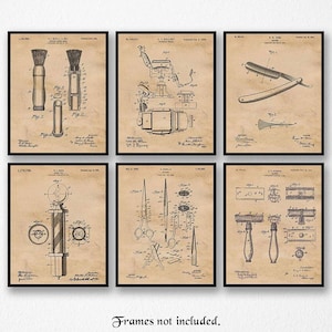 Classic Barber Tools Patent Prints, 6 Unframed Photos, Wall Art Decor Gift for Home Office Design Studio Workshop Hair Salon Student Teacher