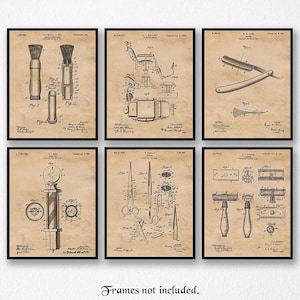 Vintage Barber Patent Prints, 6 Unframed Photos, Wall Art Decor Gifts for Home Office Man Cave Garage Design Shop Hair Salon Student Teacher