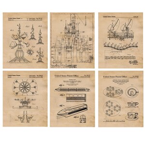 May include: A set of six vintage-style patent drawings featuring iconic Disney attractions. The drawings are in black and white and have a distressed, aged look. The drawings depict the following attractions: The Haunted Mansion, Cinderella's Castle, Space Mountain, the Monorail, the Teacups, and the Carousel.