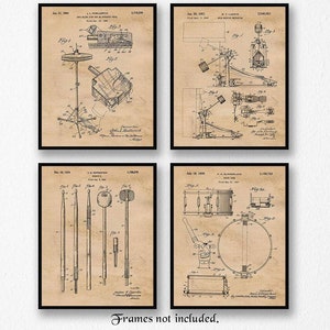 Vintage Drums Patent Prints, 4 Unframed Photos, Wall Art Decor Gifts for Home Office Garage Man Cave Studio Student Teacher Musician Drummer