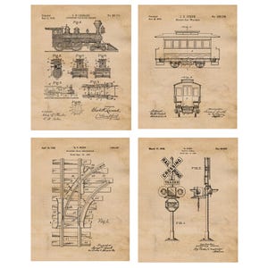 Vintage Railroad Train Patent Prints, 4 Unframed Photos, Wall Art Decor Gifts for Home Office Garage Locomotive Engine Shop Student Teacher