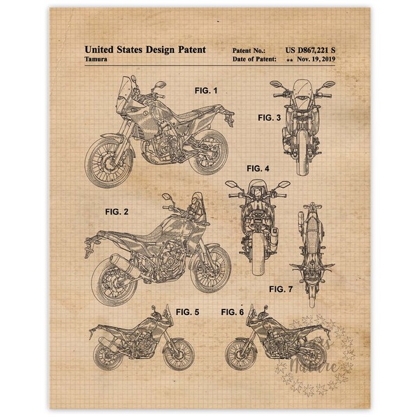 Vintage Yamaha Tenere Motorcycle Patent Prints, 1 Unframed Photo, Wall Art Decor for Home Office Man Cave Garage Motorsports Team Racing Fan