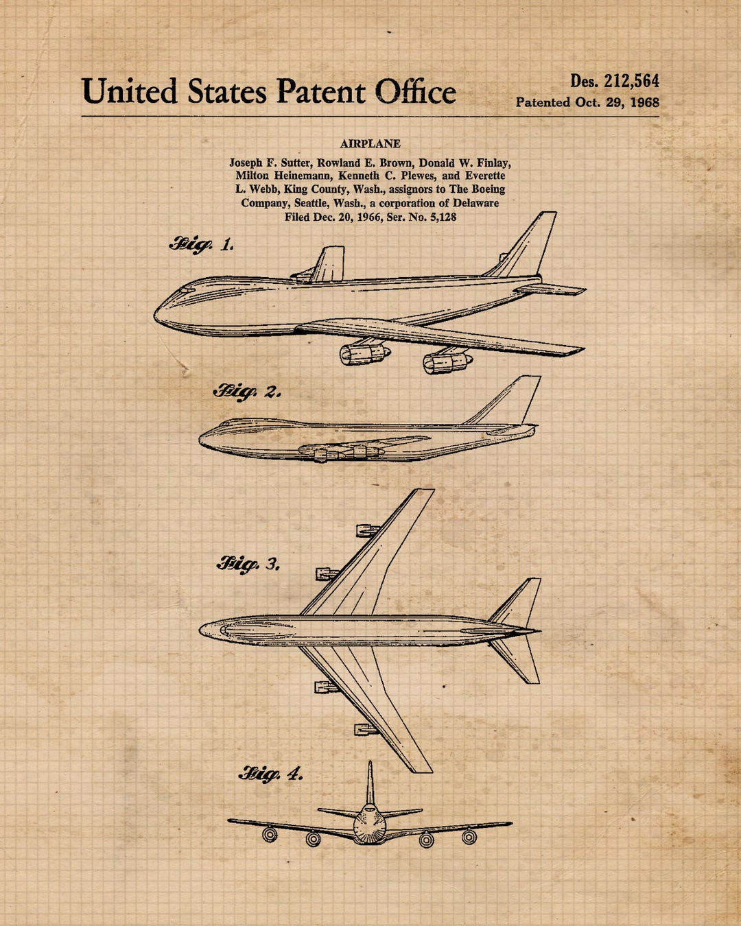 版画 Classic Boeing 747 Patent Print, 1 Unframed Photos, Wall Art Decor