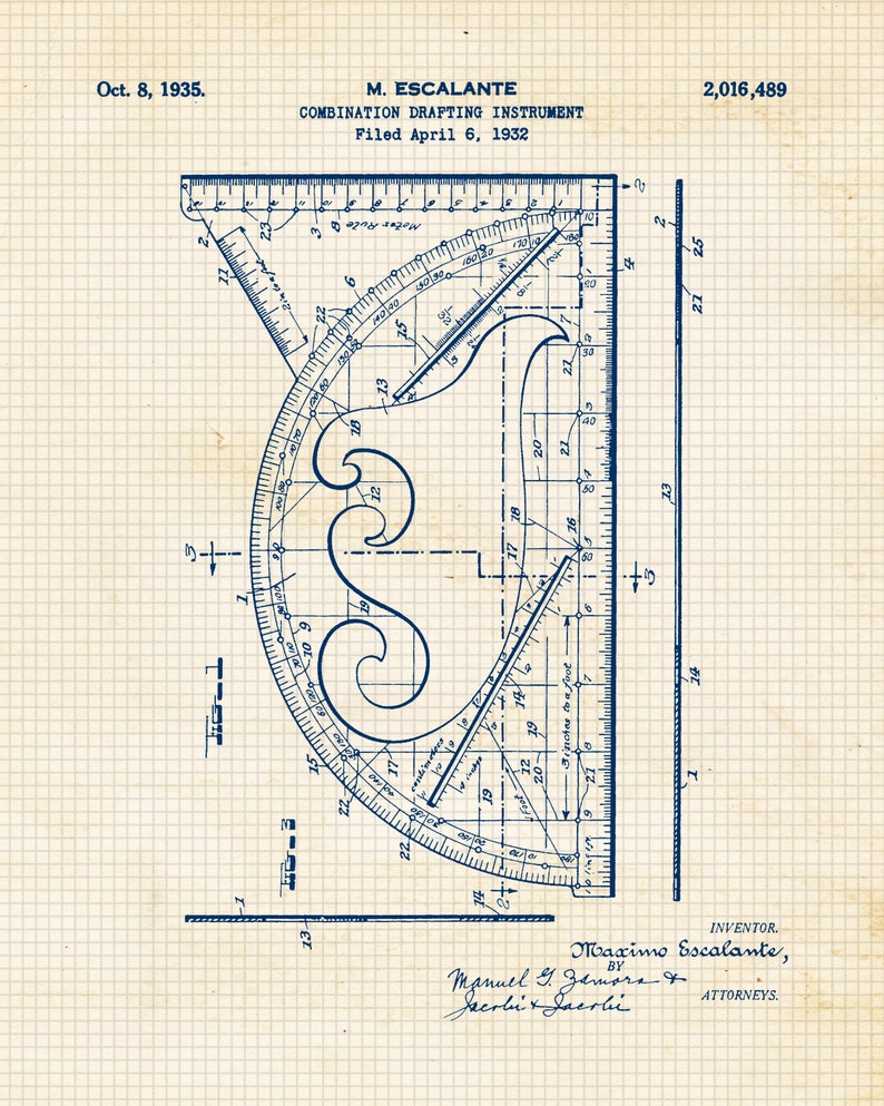 Vintage Architect Patent Prints, 6 Unframed Photos, Wall Art Decor for Home Office Man Cave Garage Shop Construction Builder Design Students Beige Navy