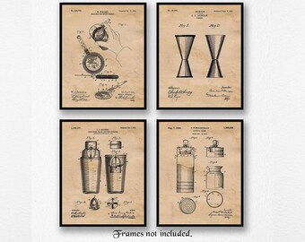 Bartender Cocktail Patent Poster Prints, 4 Unframed Photos, Wall Art Decor Gifts for Home Office Man Cave Game Room Student Teacher Coach