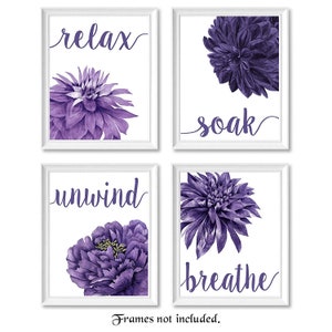 Relax Soak Unwind Breathe Bathroom Flowers Poster Prints 4 Purple