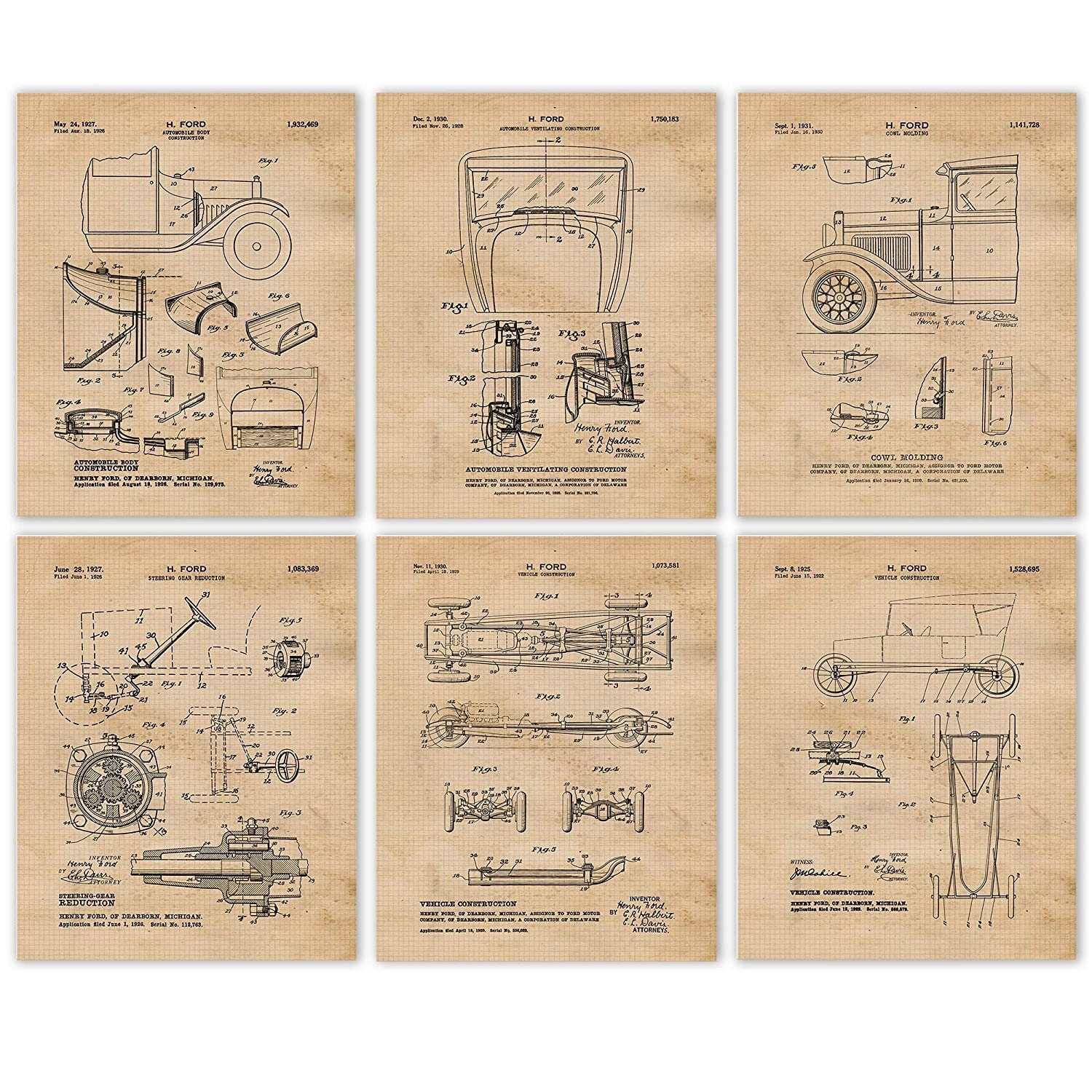 Vintage Auto Body Patent Prints, 6 Unframed Photos, Wall Art Decor