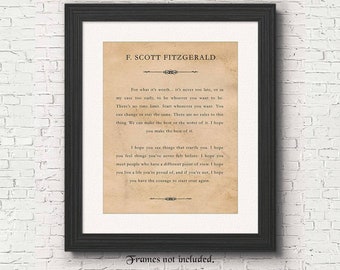 F Scott Fitzgerald For What It's Worth, 1 Unframed Book Quote Poster Print, Wall Art Decor Gifts for Home Office Literary Student Teacher