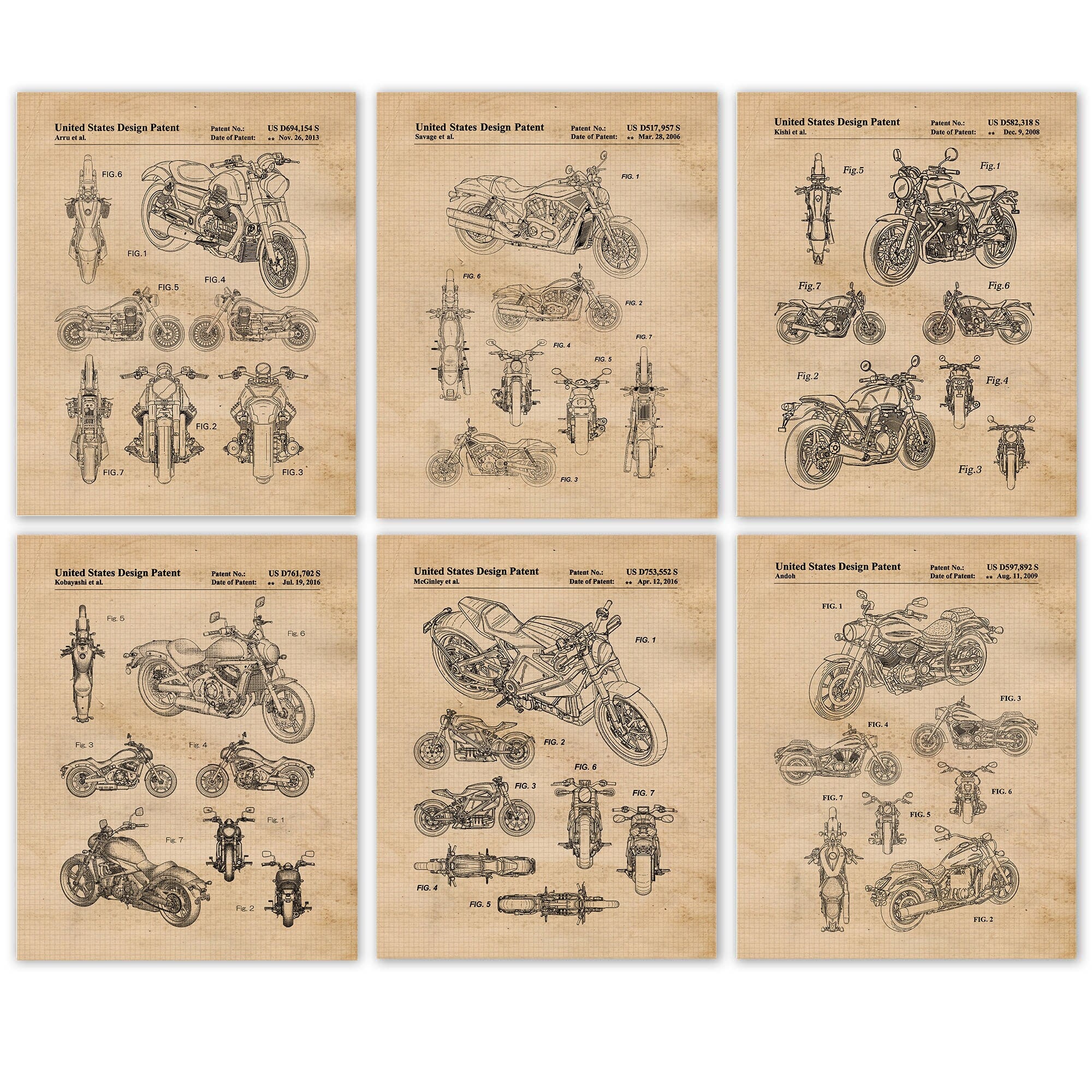 Classic Motorcycles Collection Patent Prints, 6 Unframed Photos, Wall Art Decor Gift for Home Office Bike Tool Gear Garage Workshop Student