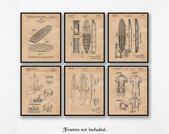 Vintage Surfboard Patent Poster Prints, 6 Unframed Photos, Wall Art Decor Gifts for Home Office Man Cave Student Teacher Coach Surfing Fans