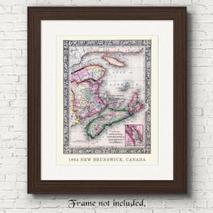 Vintage New Brunswick Kanada 1864 Map Prints, 1 Fotos ohne Rahmen, Wandkunst-Dekor für Home Office Schulschüler-Lehrer-Weltklasse